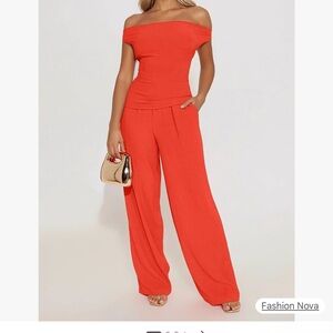 Fashion Nova Ana Off-Shoulder Red Jumpsuit